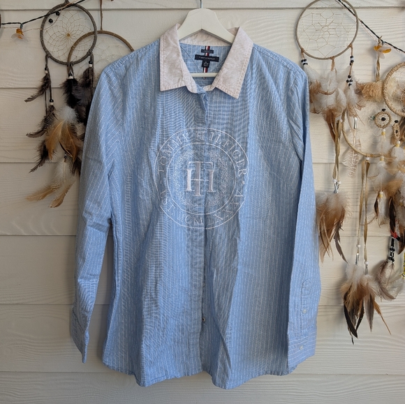 Tommy Hilfiger Tops - TOMMY HILFIGER Blue Striped Embroidered Logo Cotton Shirt